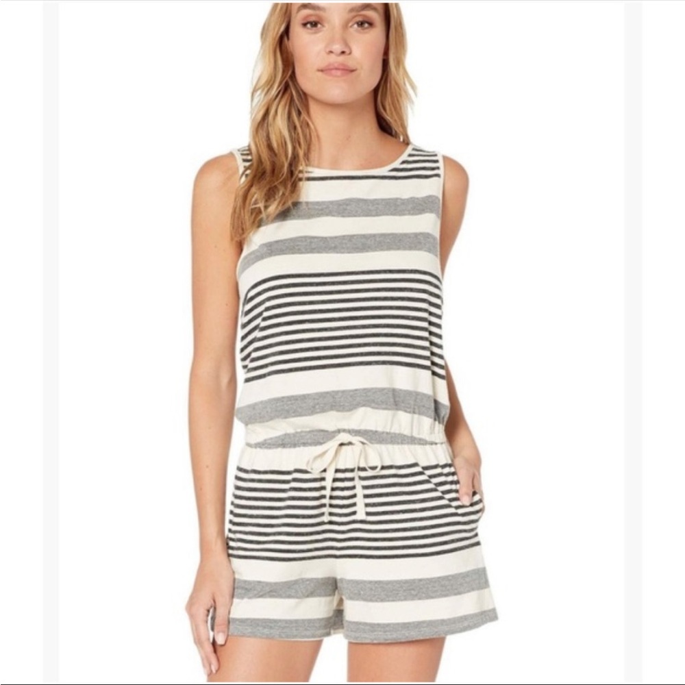 Michael Stars Bay Stripe Kylie Sleeveless Boat Neck Romper, Chalk, Size:MD